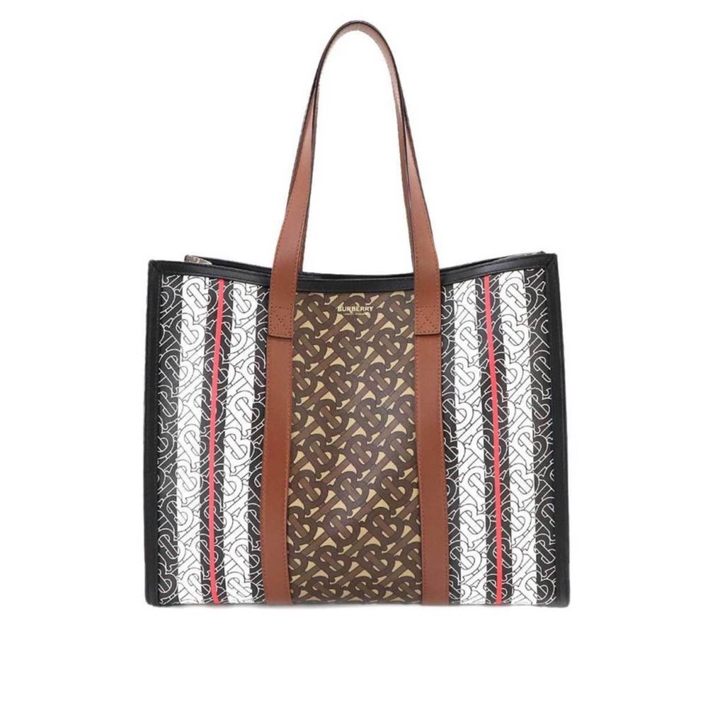 Burberry Monogram Stripe Leather Brown Black White 8019383 Travel Tote Bag